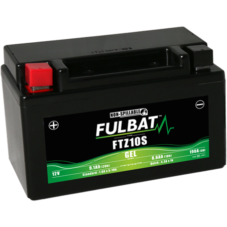 Fulbat battery  FTZ10S GEL  12Volt  Capacity:8.6Ah  CCA:190Amp  L:150 W:88 H:93   P/N:550636  Polarity: + / -