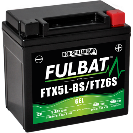 Fulbat battery  FTX5L-BS / FTZ6S GEL (High Capacity)  12Volt  Capacity:5Ah  CCA:90Amp  L:113 W:70 H:105   P/N:550919  Polarity: 