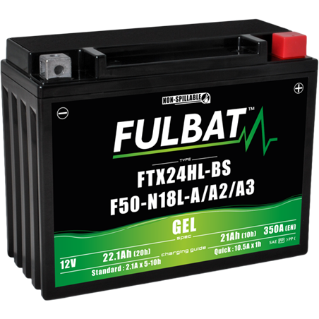 Fulbat battery  FTX24HL-BS / F50-N18L-A/A2/A3 GEL  12Volt  Capacity:21Ah  CCA:350Amp  L:205 W:87 H:162   P/N:550982  Polarity: -