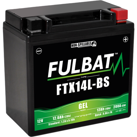 Fulbat battery  FTX14L-BS GEL  12Volt  Capacity:12Ah  CCA:200Amp  L:150 W:87 H:145   P/N:550990  Polarity: - / +