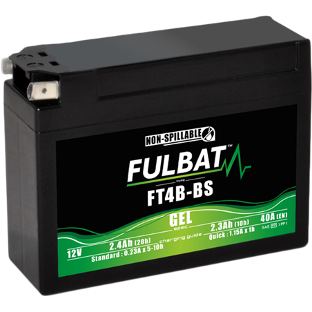 Fulbat battery  FT4B-BS GEL  12Volt  Capacity:2.3Ah  CCA:40Amp  L:113 W:38 H:85   P/N:550949  Polarity: 