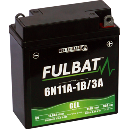 Fulbat battery  6N11A-1B/3A GEL  6Volt  Capacity:11Ah  CCA:90Amp  L:121 W:58 H:130   P/N:550957  Polarity: - / +